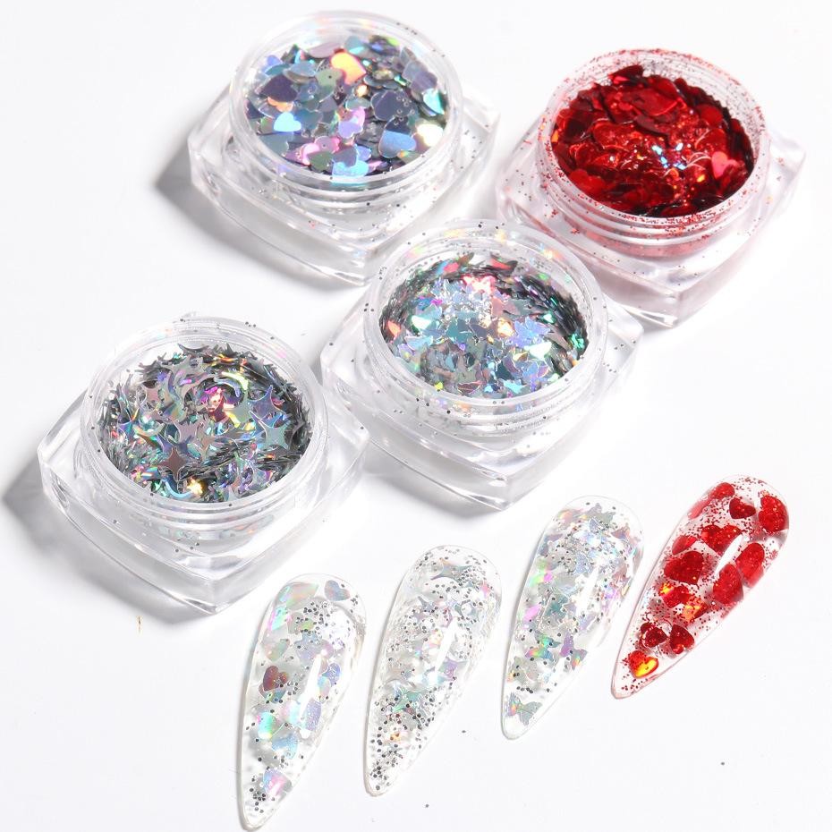 Holographic Glitter Mix Set, Hearts Butterflies Stars Sequins for DIY Nail Decor