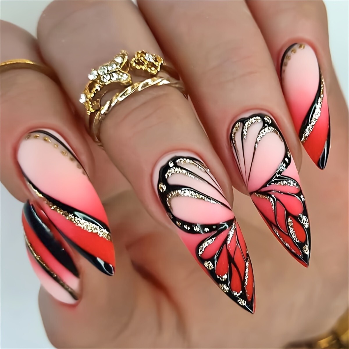 24pcs/set Short Almond Press On Nails French Fake Nails Glossy Acrylic Nails Red
