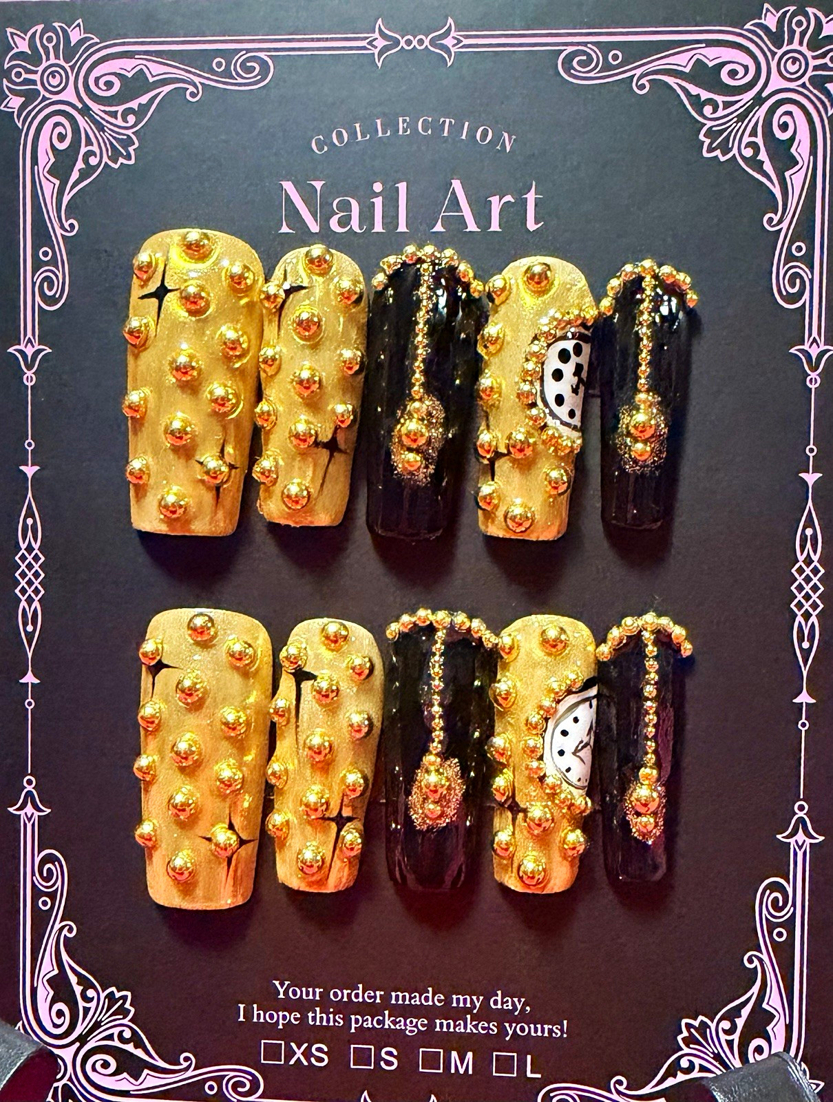 Gold/Black 3D Coffin Press-On Nails Set, Long Full Cover Pre-Designed