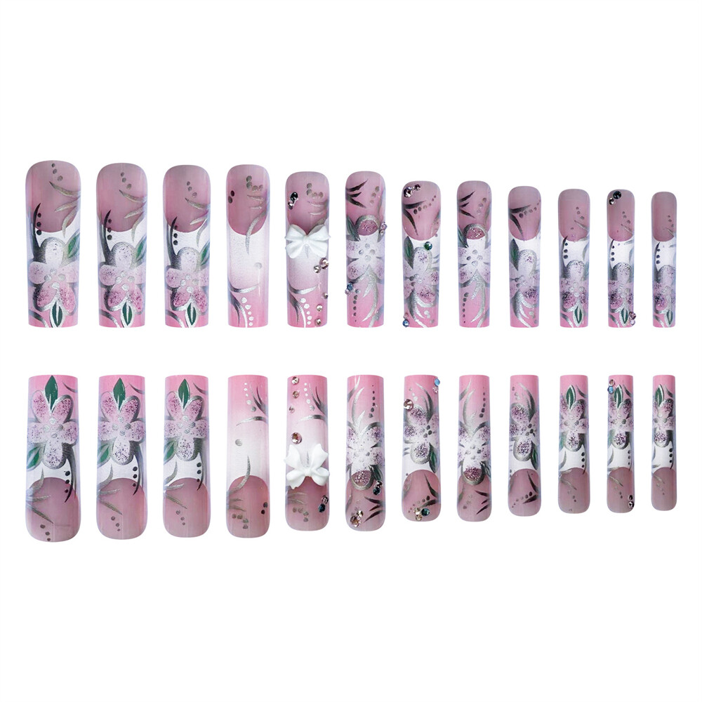 Extra Long Square False Nail Camellia French Press on Nails for Nail Art 24pcs
