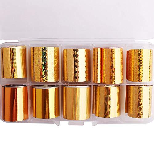 10 Rolls Gold Foil Nail Art Transfer Stickers Tips Laser Adhesive Nail Wraps