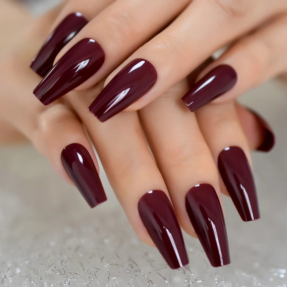 24 Press on nails kit w glue Long Coffin Maroon burgundy dark red