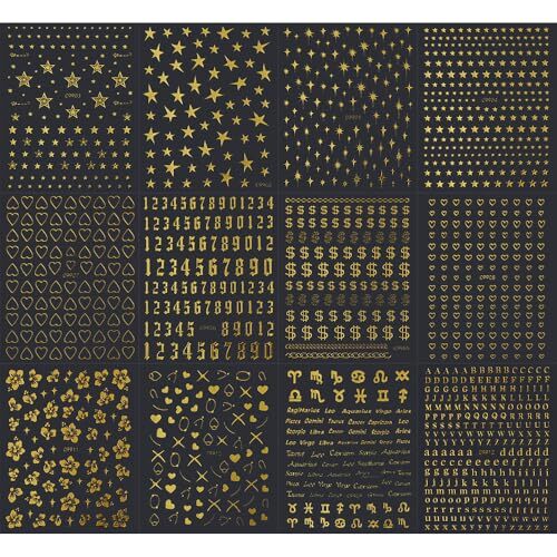 12 Sheets Gold Star Nail Art Stickers 3D Self Adhesive Flower Heart Letter