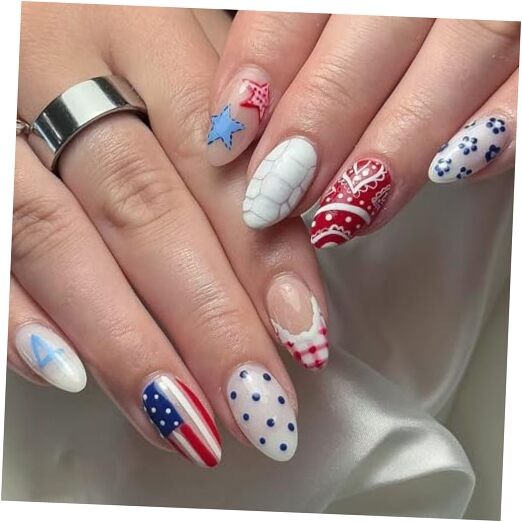 4th of July Press on Nails Short Oval Fake Nails America Flag Star Polka Dots