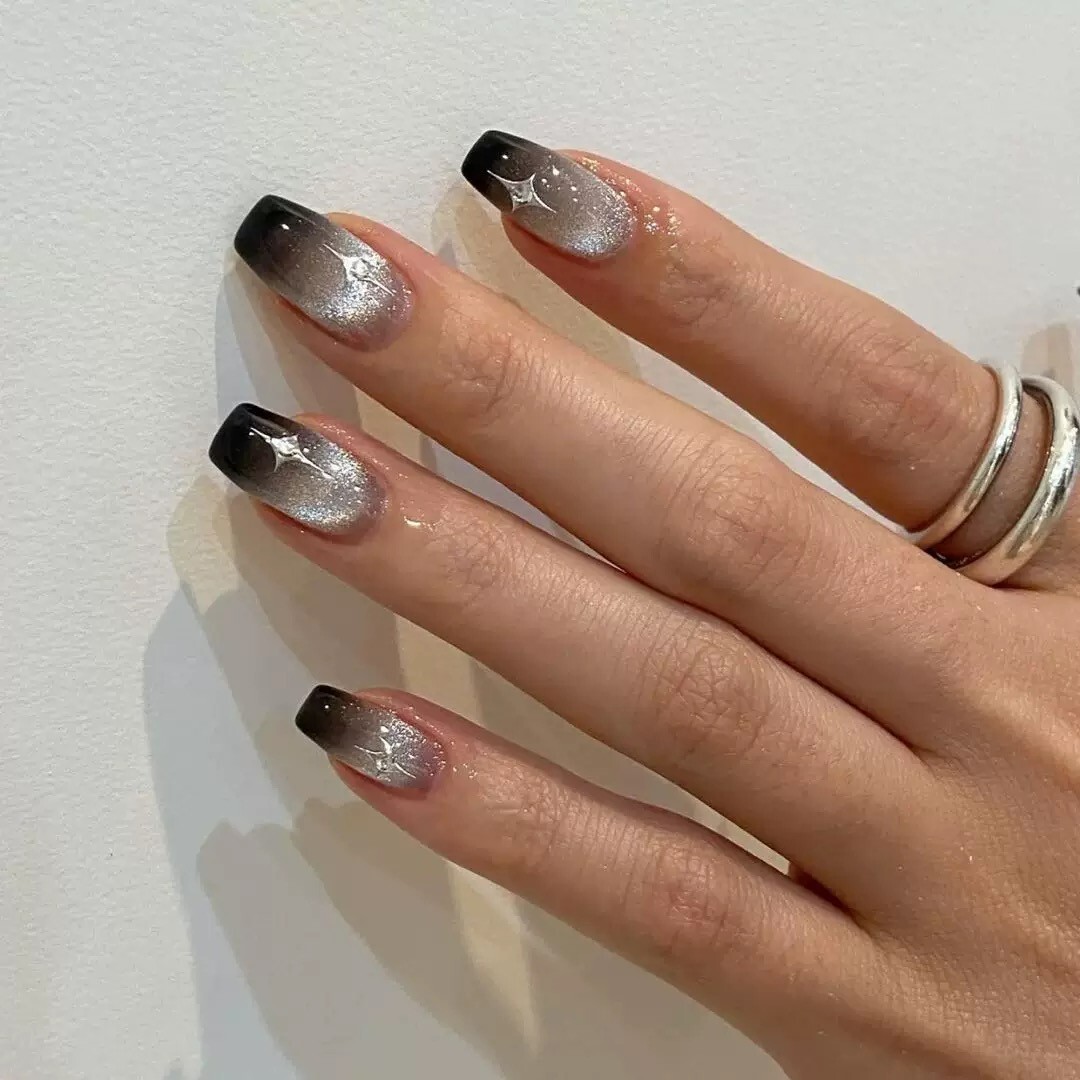 10pcs Handmade Sliver Starit Sky Cat-Eye Medium Coffin Press On Nails, S/M/L