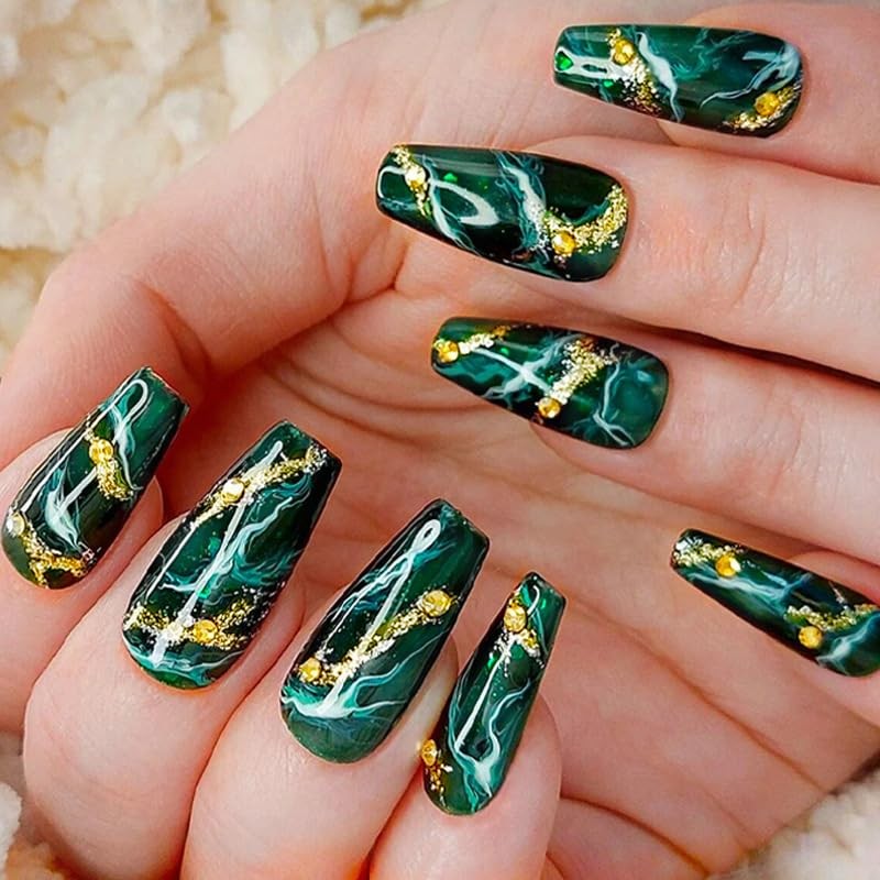 Green Press on Nails Medium Coffin Fake Nails Dark Green Marble False Nails Gold
