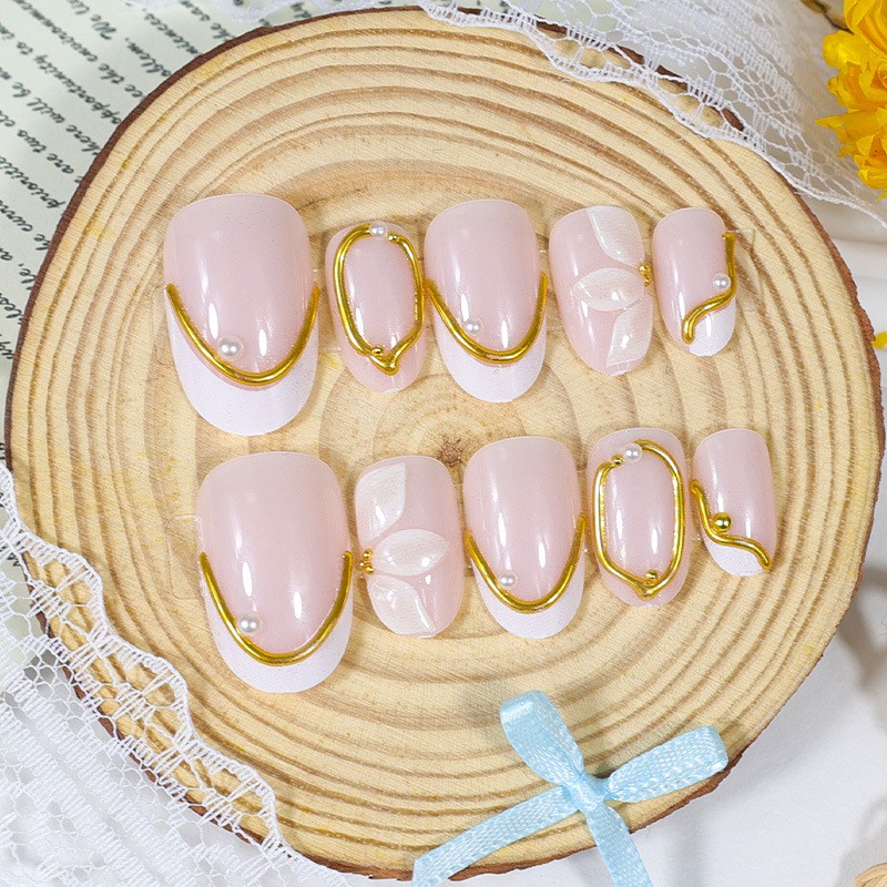 48 Pcs White Floral Gold Line Oval Press on Nails, Elegant Daily Nude Fake Nails