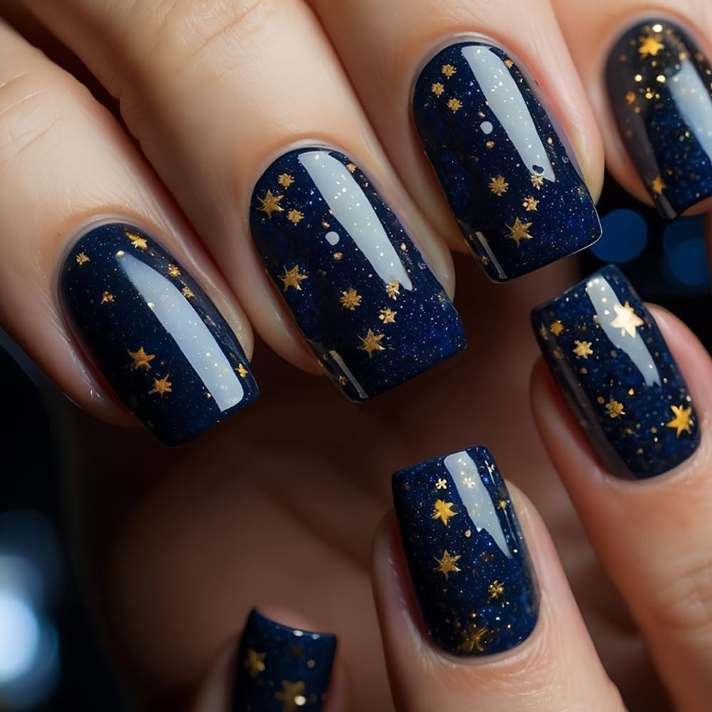 Blue Sky Press on Nails Medium Square fake Nails Golden Gradient Starry False…