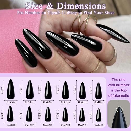 144pc Black Stiletto Fake Nails, Long Pointy Acrylic Nails for Women Girls