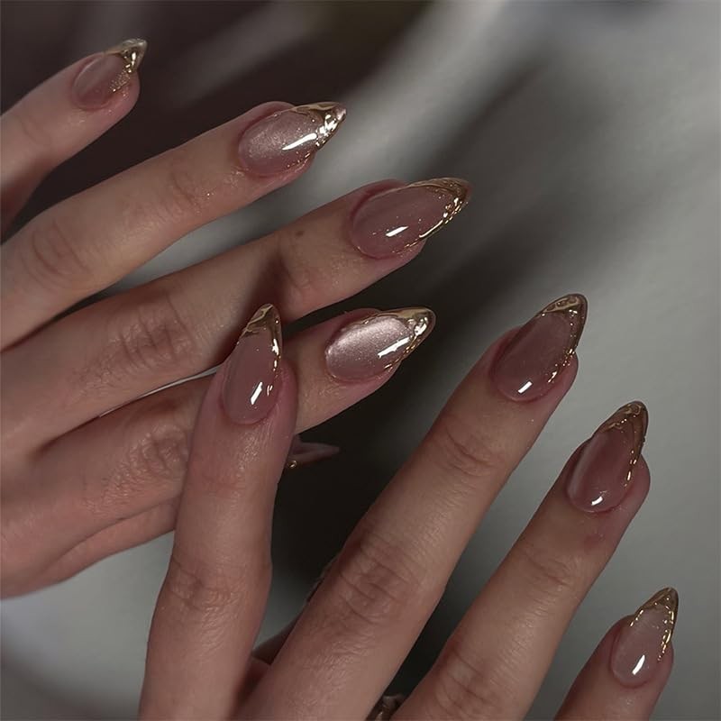 Press on Nails Almond Medium Fake Nails nude pink Sparkling Gold French Tip