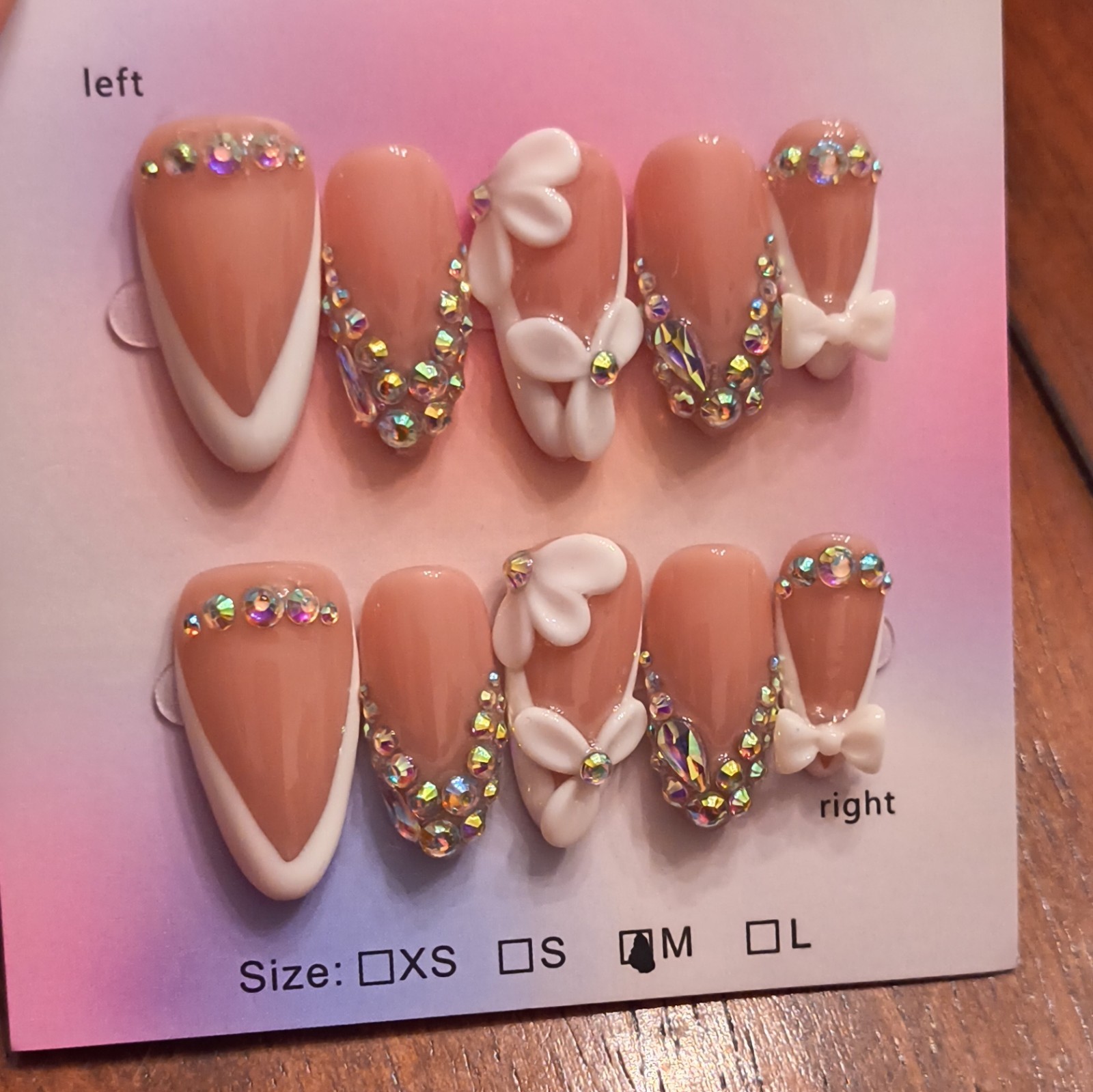 Press-On Nails Medium Almond Beige White 3D Bow Rhinestone Glitter Full Cover