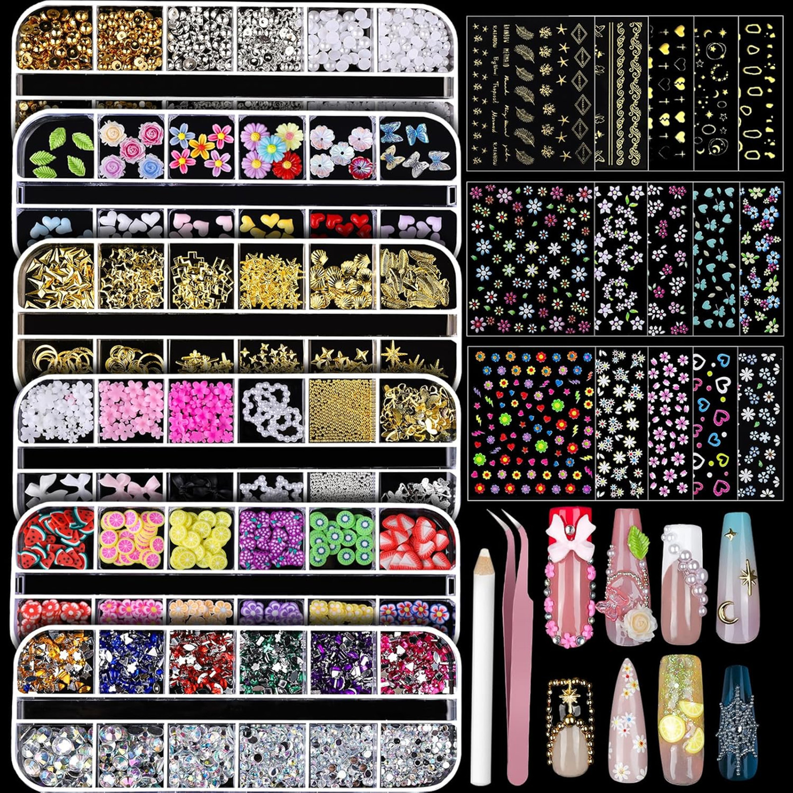Nail Charms and Gems, 3D Nail Gems, Flower Nail Stickers, Rhinestones, Pearls
