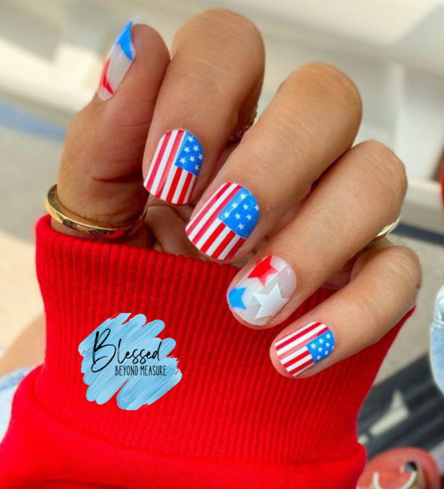 Red Aspen Press On Nails~Star Spangled, Sarah American Flag Stars Short Square