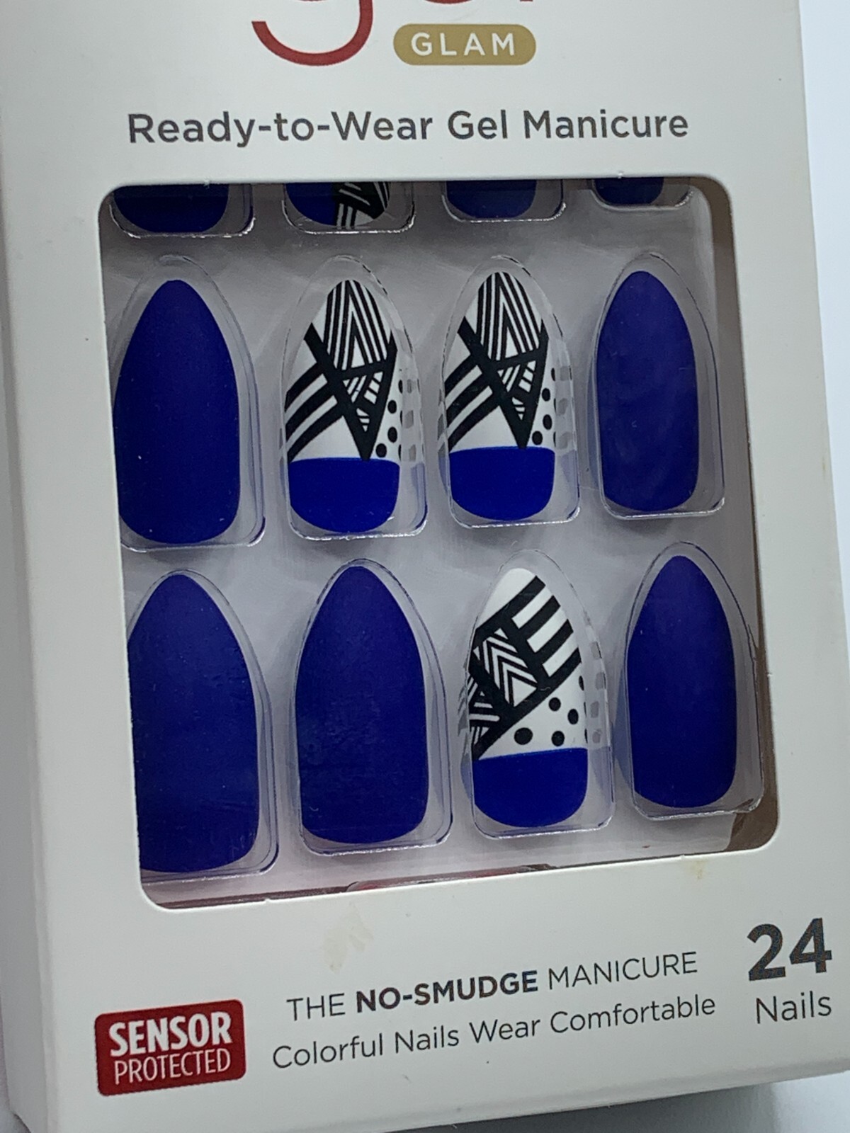 GoldFinger Glue-On Long Gel Nails Matte Royal Blue & Abstract Deco Design GF78