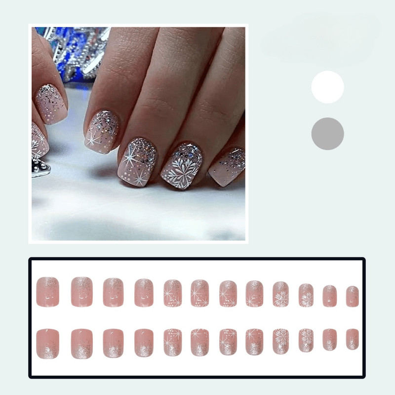 48 Pcs Silver Snowflake Pink Gradient Coffin Press on Nails, Elegant Fake Nails