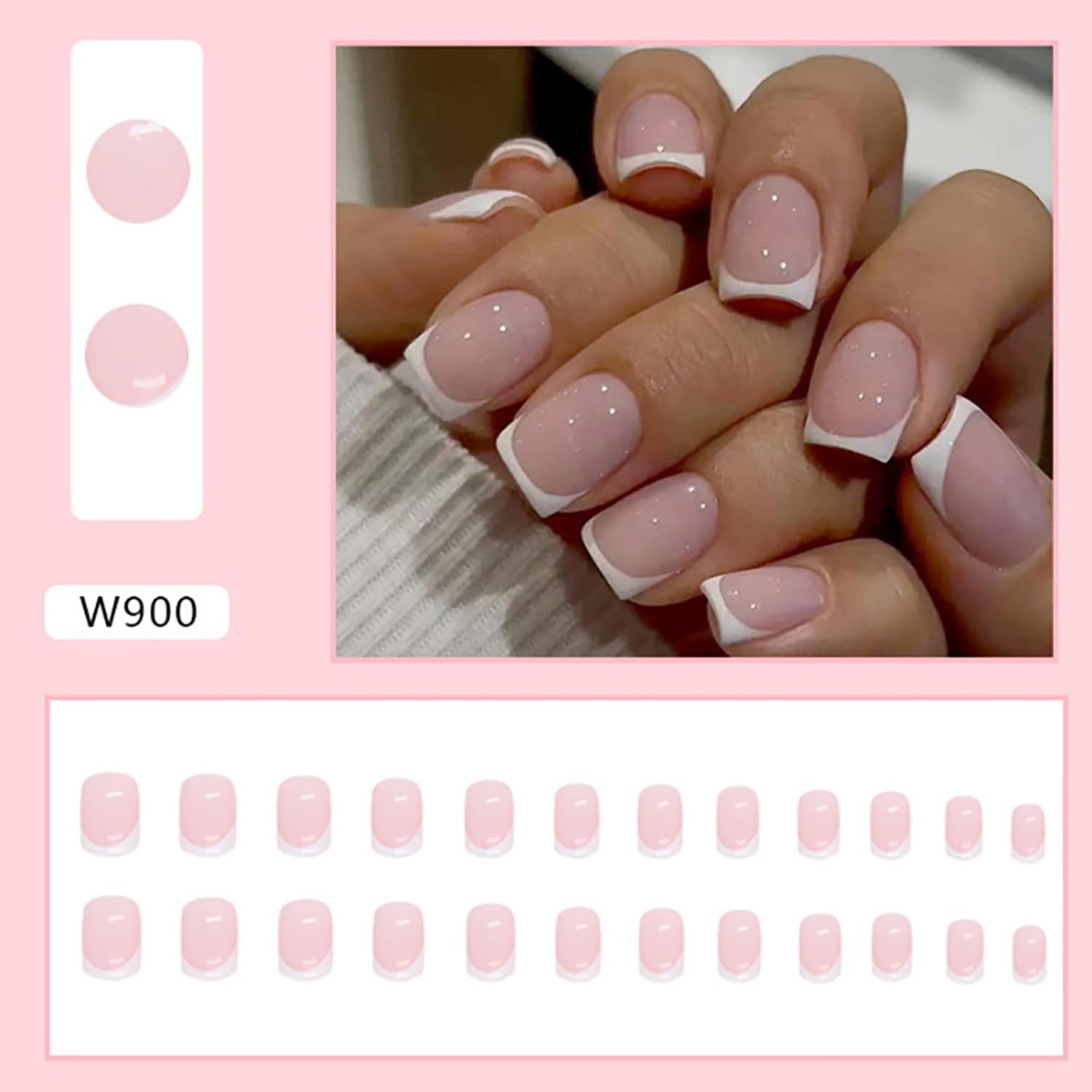 24Pcs White French Tip Press on Nails Short Square Fake Nails Glossy Pink Acr…