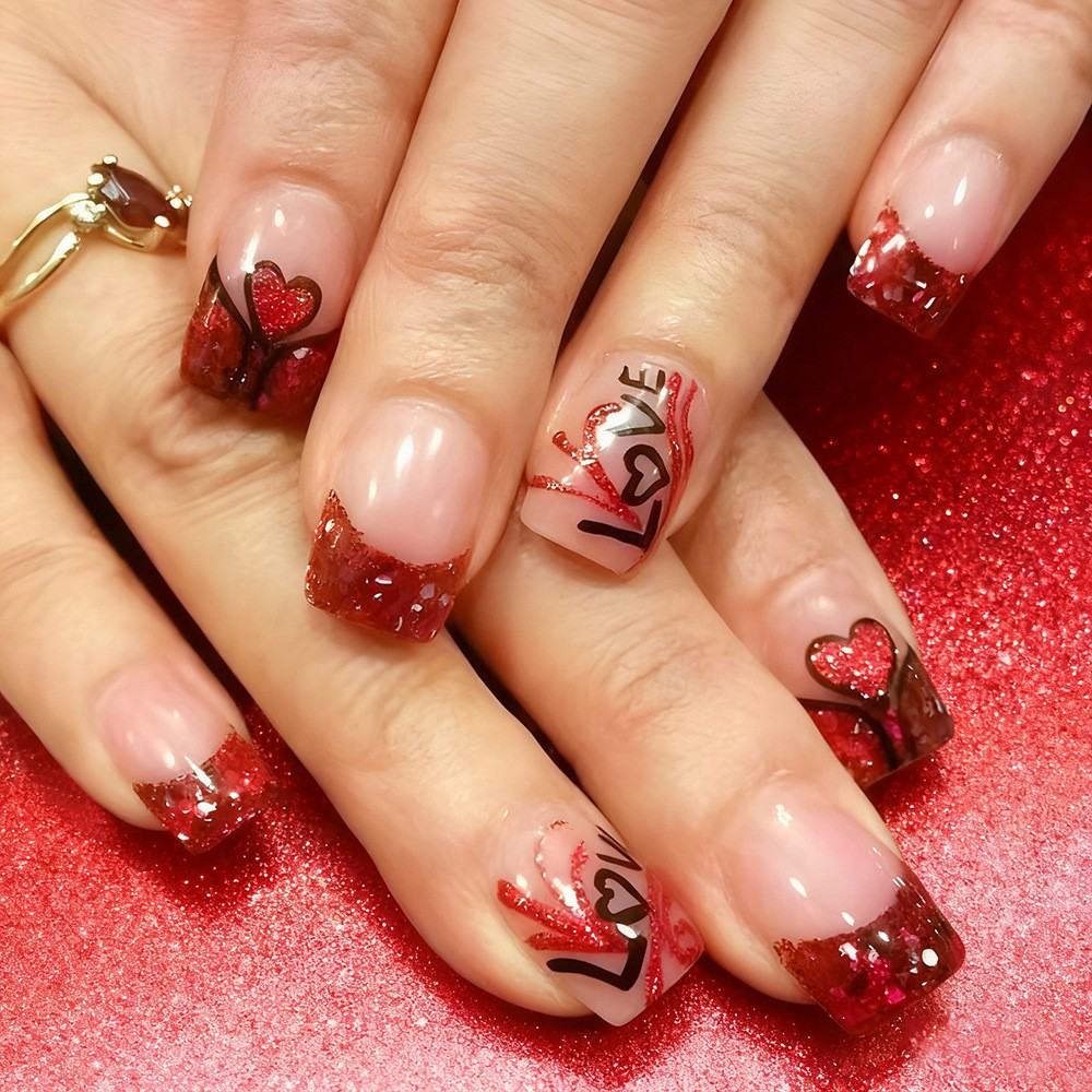 24pcs Short Pink Heart Glitter Nails. Shiny, Reusable for Parties & Any Occasion