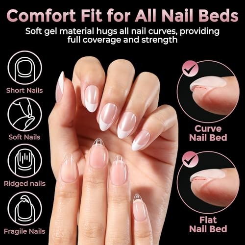 Luckyfairy Short Almond Nail Tips, 240pcs Soft Gel Fake Nails, Pre-Shaped