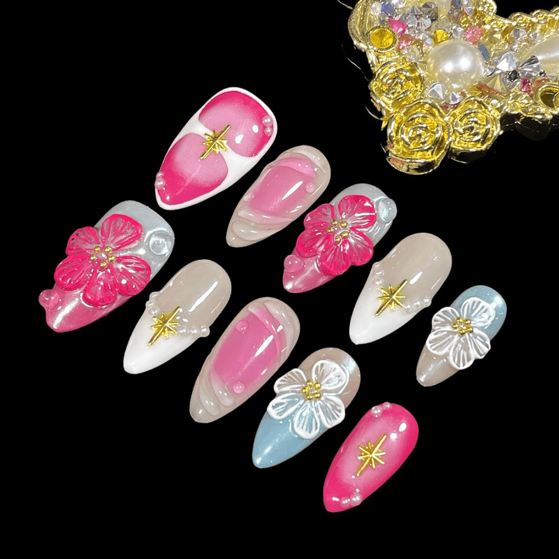 Handmade Medium Almond Fake Nails Pink Blue Ombre 3D Flower Starburst Pearl