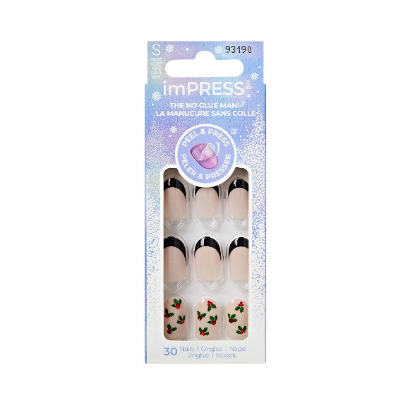 imPRESS Press On Nails Festive Holly Holiday Black French Tip No Glue Manicure