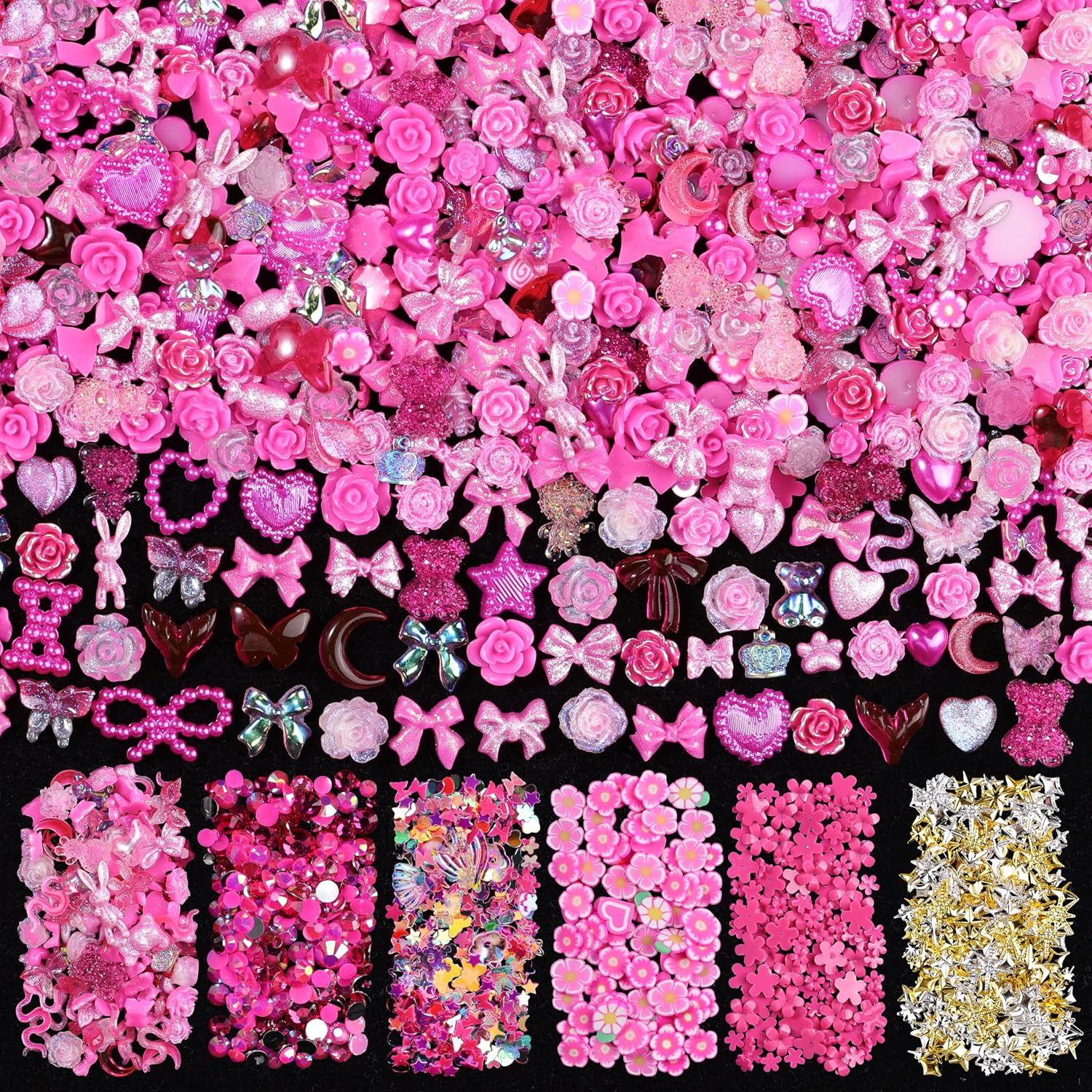 1500Pcs 3D Black Nail Charms for Acrylic Nails, Resin Butterfly Flower Star Hear