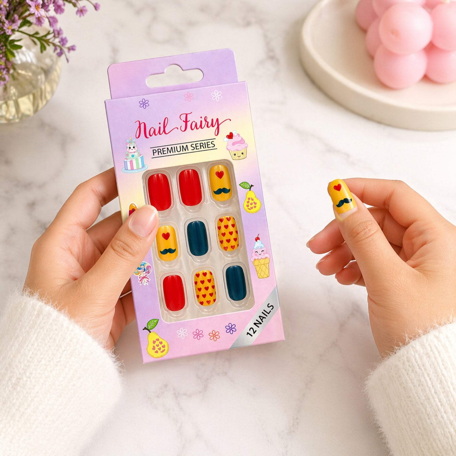 12 Pieces Kids Press On Nails Set Cute Reusable Designs