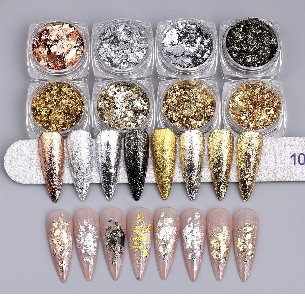 Nail Art Foil Flakes Charms Set w/ Jars 12 pc Gold Silver Black Rose Gold