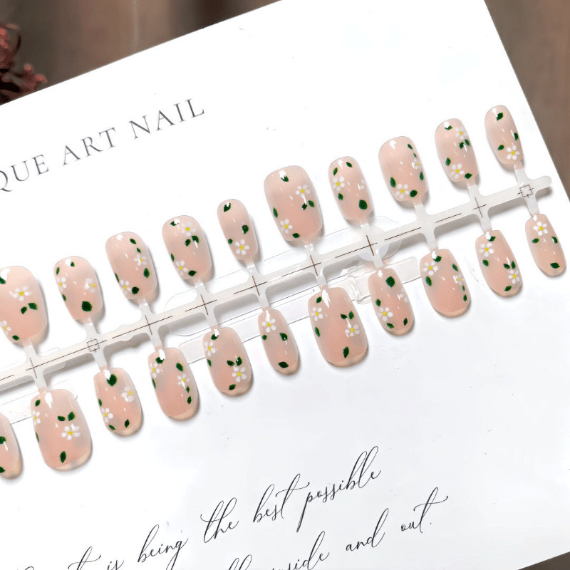 60pcs Short Almond Press on Nails, Nude Base Tiny White Daisy Green Dot Nails
