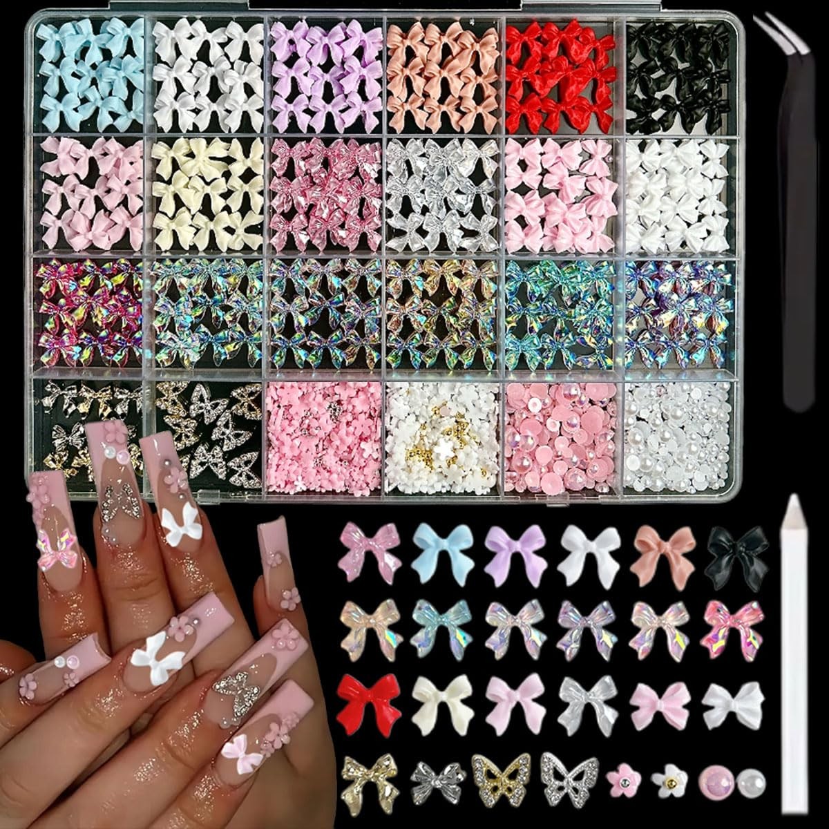 Bow Nail Charms and Gems Kit, 3D Color Kawaii Bow Nail Art Charms Gold Hollow…
