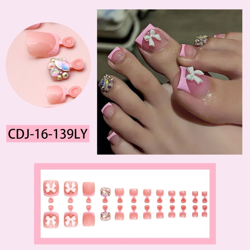 24 Pieces Short Square False Toenails With Glitters Rhinestones Embellishments