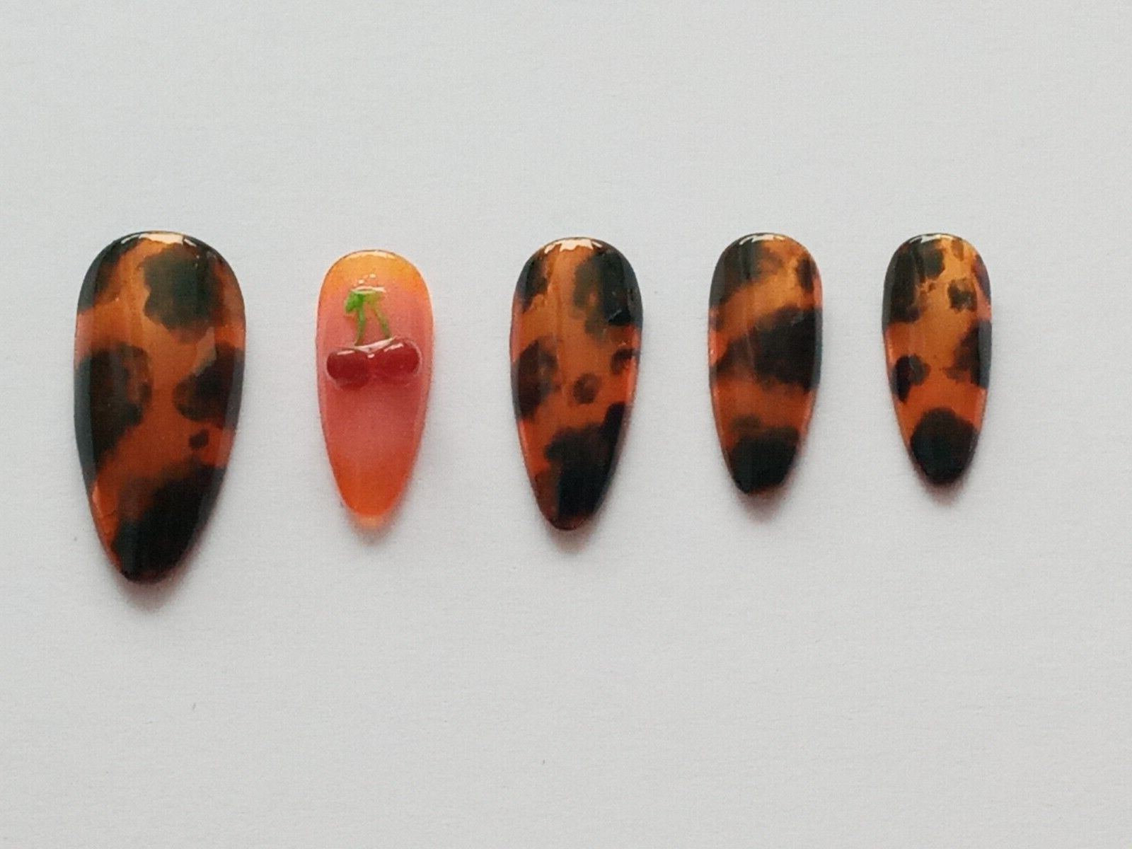 Handmade Press on Nails, Tortoise, Cherry, Set of 10 Nails “Pick “.
