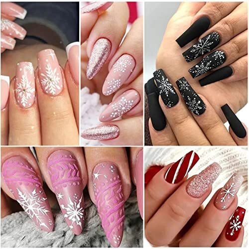 8PCS Snowflake Nail Art Stickers White Glitter Snow Nail Design 3D Self