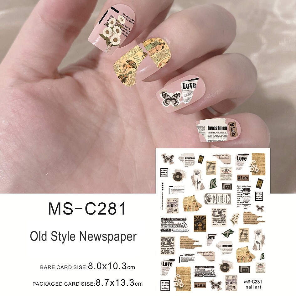 English Old Style Newspaper Nail Stickers Old-Fashioned Newspaper Frame Nail Art