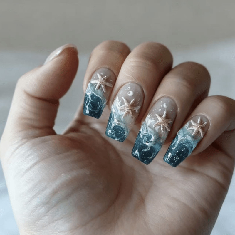 48Pcs Long Trapezoid Nails, Blue Green Gradient, Wave Starfish Decor