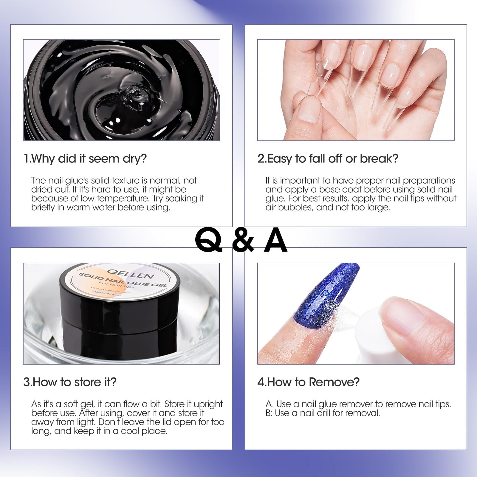 Solid Gel Nail Glue with 60ml Nail Glue Remover Set, 15g Solid Nail Gel for F…