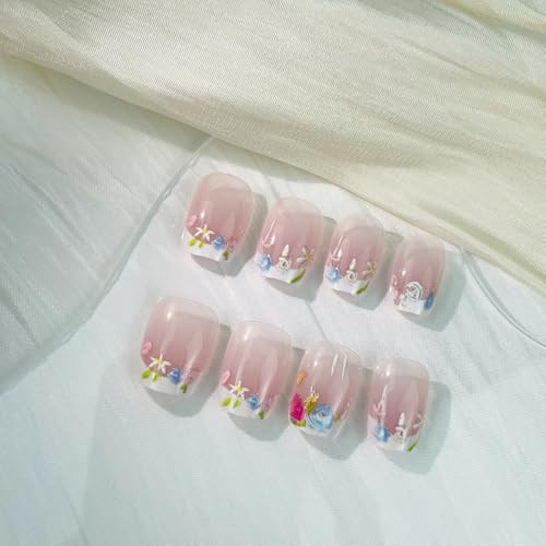 30pcs White French Tip Press on Nails Flower Short Square False Fake Nails04
