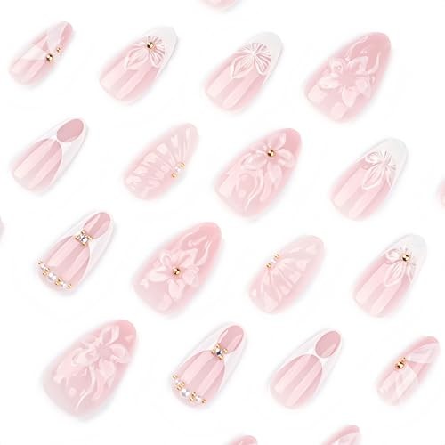 24Pcs White French Tip Press on Nails Medium Almond Fake Nails hibiscus flower