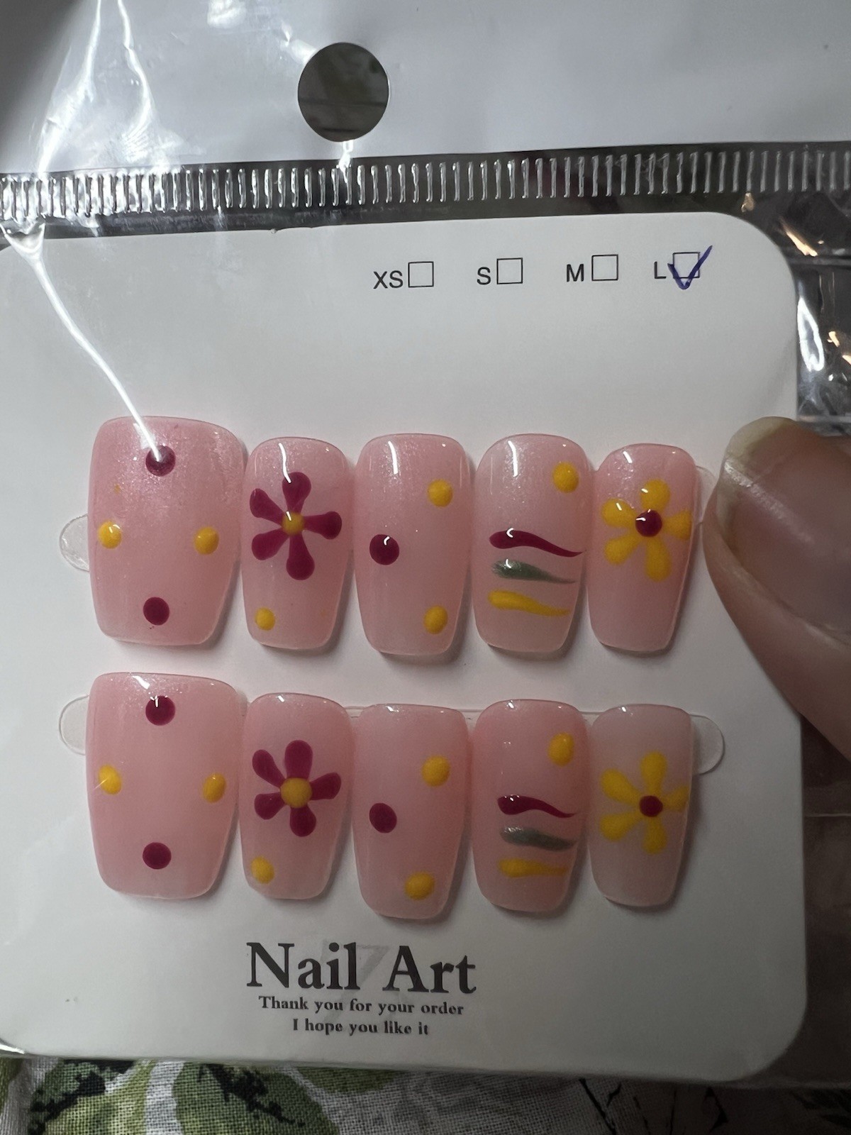 Press-On Nails Long Square Pink Yellow Purple Glossy Floral Full Cover