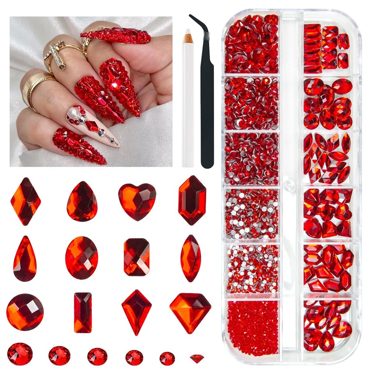2052Pcs Nail Art Rhinestones Multi Shapes Crystal Flatback A Set Red