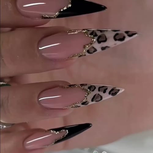 Long Press on Nails Almond Fake Nails with Leopard Print Standard Black French