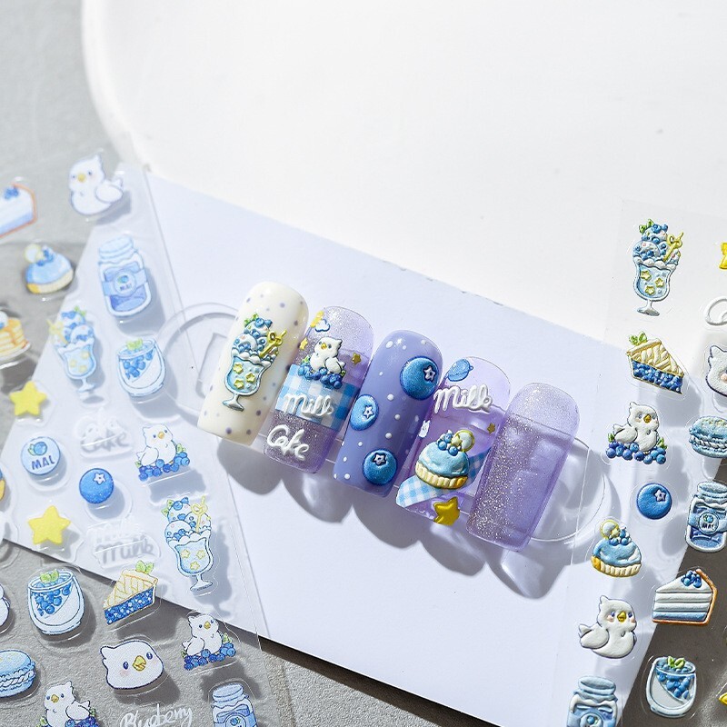 5D Blueberry Nail Decals, Macarons Nail Stickers, Blueberry Cake Decals Art (97)