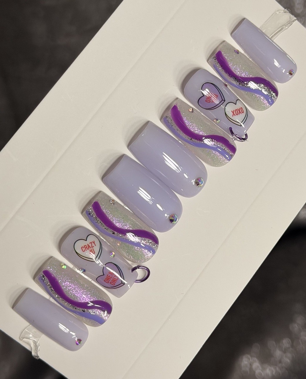 💜💎 CUSTOM Press On Nails PURPLE Heart BLING Rhinestones 10p SET W Kit
