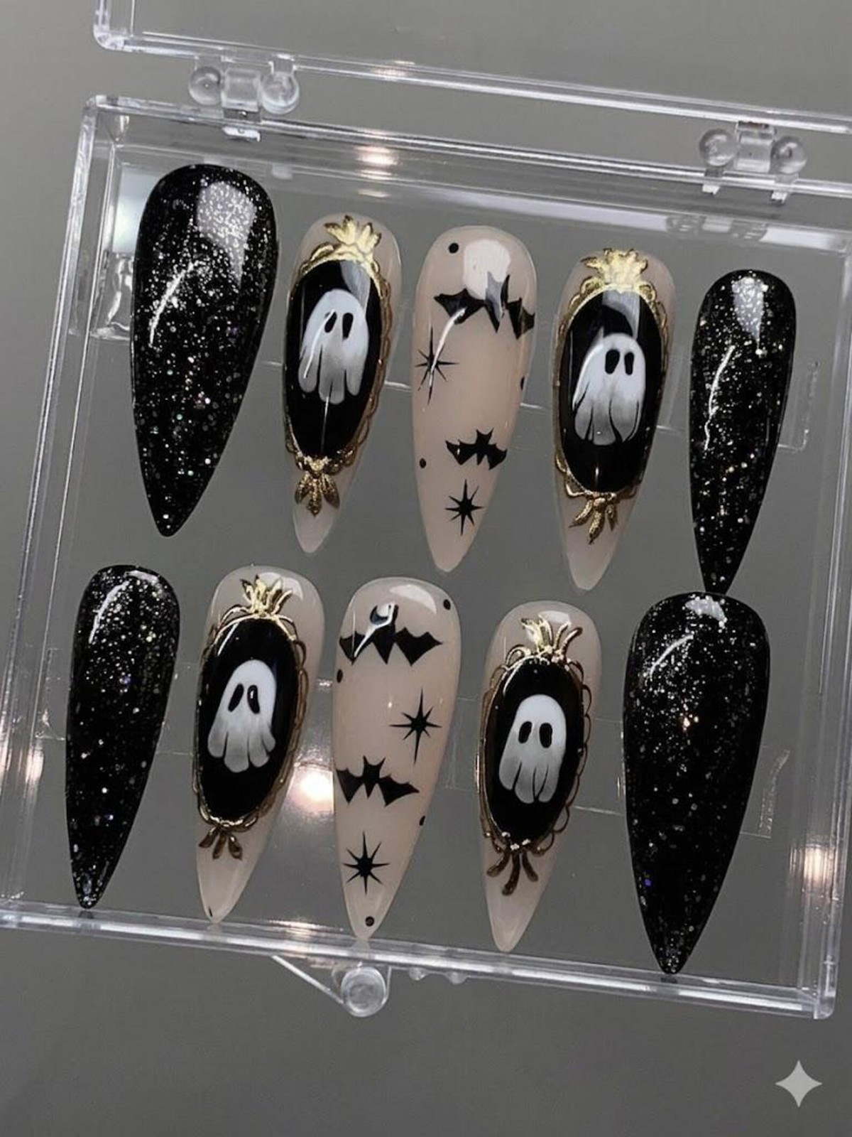 Custom Handmade Halloween Ghost Bat Gold Frame Glitter Stiletto Press on Nail
