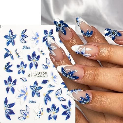 5D Flowers Nail Art Stickers, 5PCS Embossed Pink Blue Flowers Colorful-01