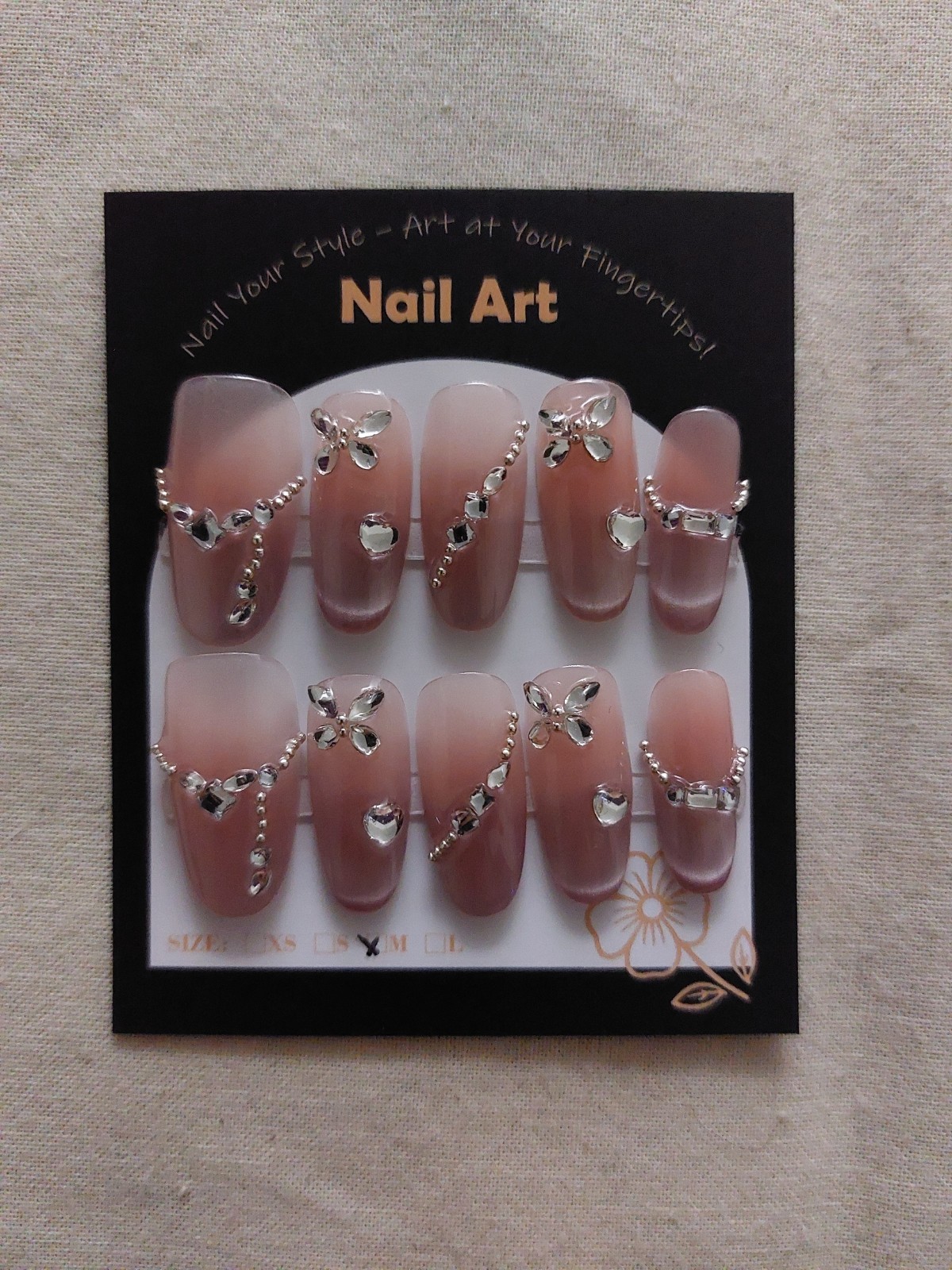 handmade press on nails Round/Almond Shape Size Medium With 3-D Jewels. Lot Of 4