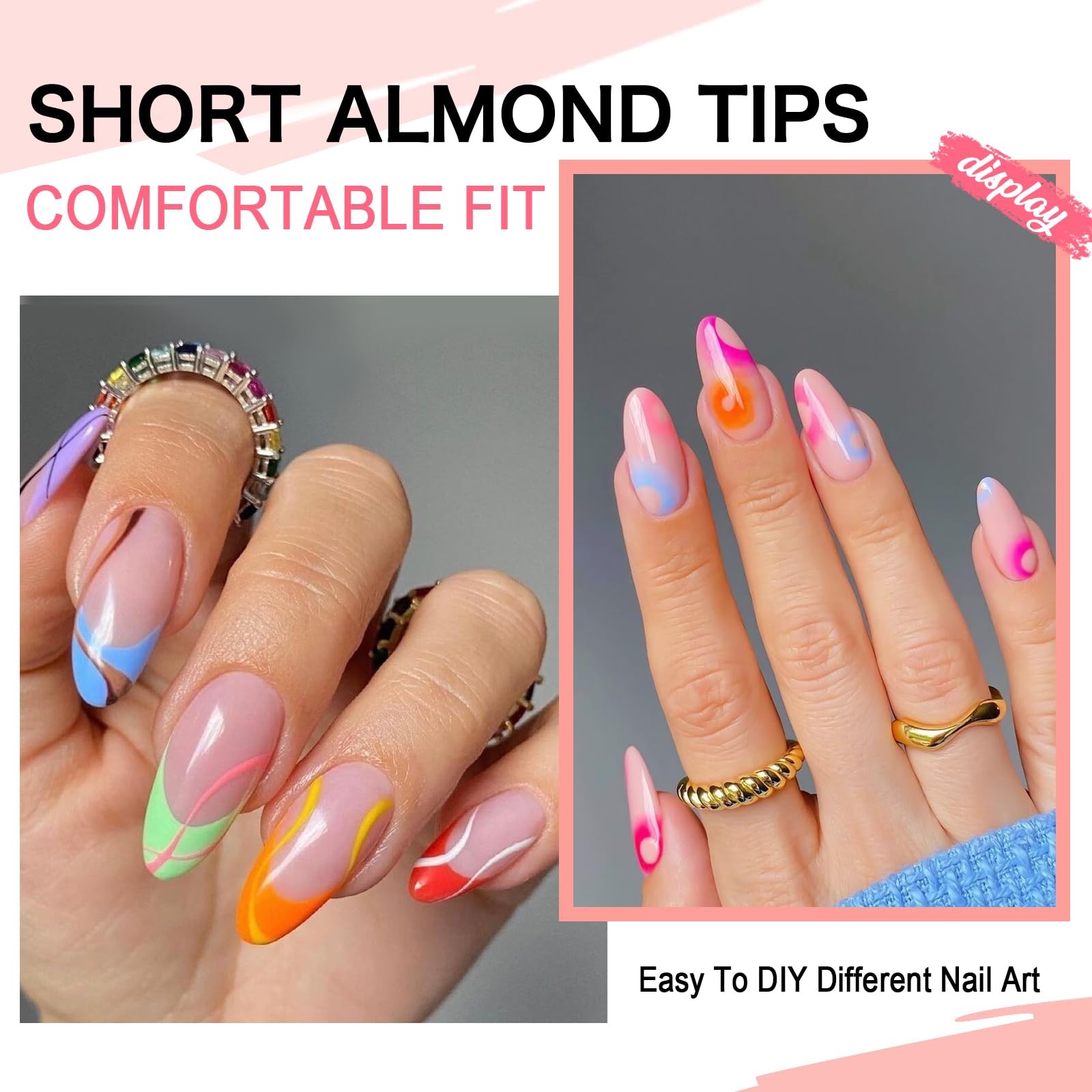 COLOURSMILE Short Almond Half Cover Nail Tips – 216PCS Pre Etched Tips, 12 Si…