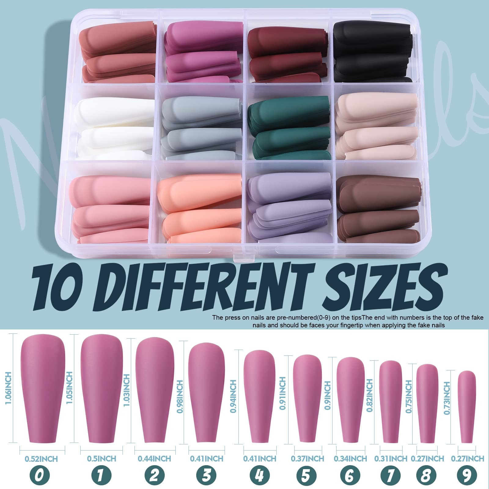 Matte Long Coffin Press On Nails, 240PCS Ballerina Fake Nails with Glue, 12 C