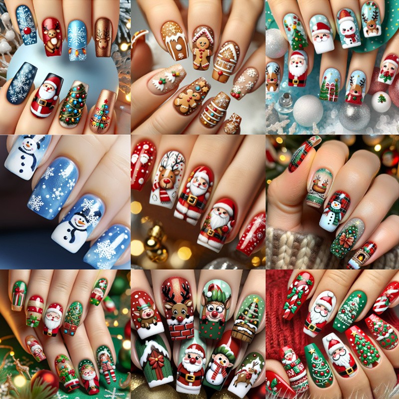 216pcs Christmas Press on Nails Santa Snowman Reindeer Festive False Nails 9Pack