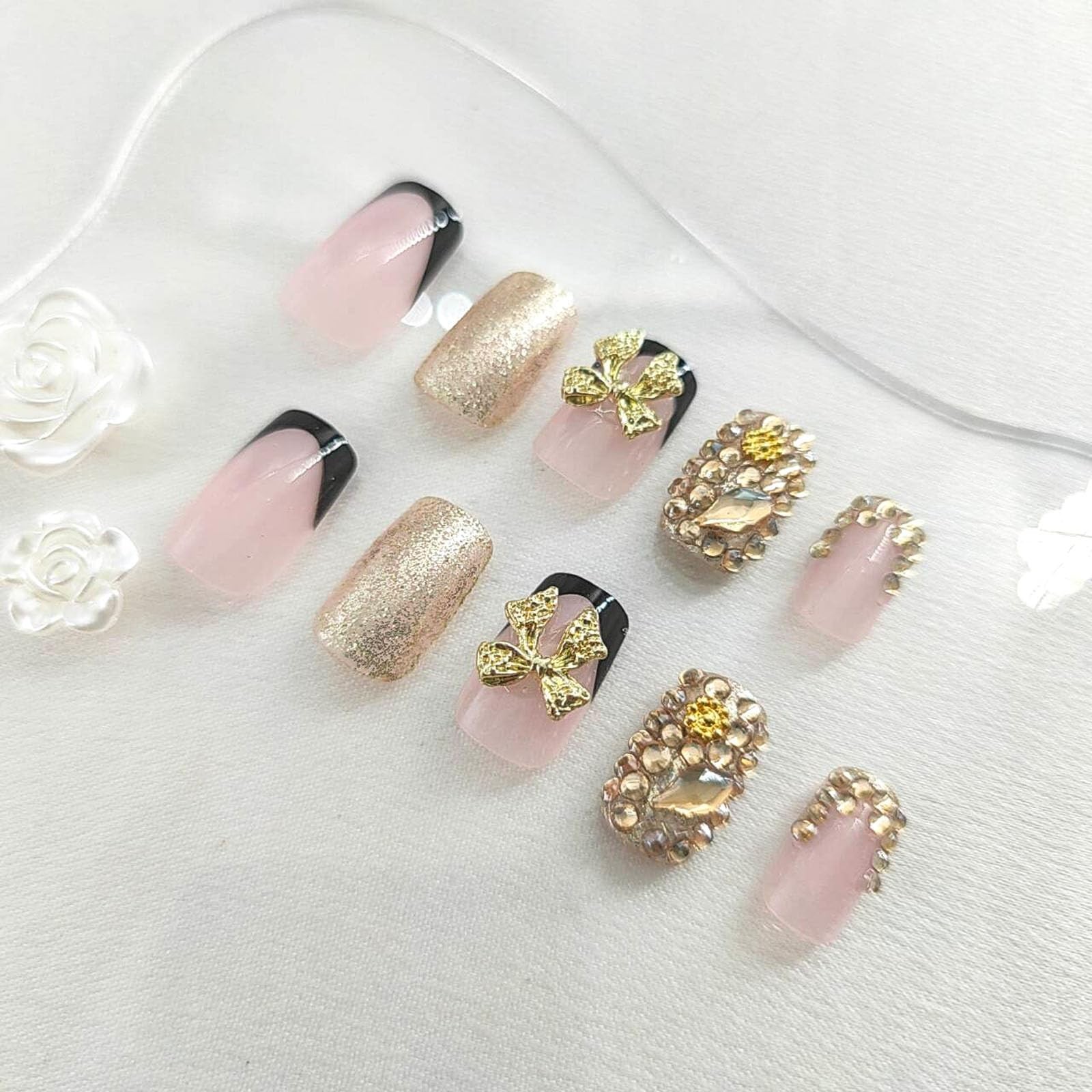 French Tip Press on Nails Mesium Suqare Fake Nails with 3D Bow Glitter Rhines…