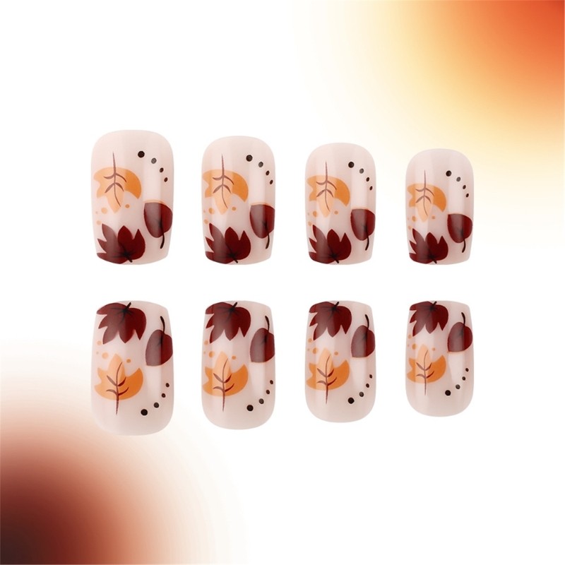 24 Pieces Acrylic Nail Short Square Glossy Maple Leaf Designs For Autumn